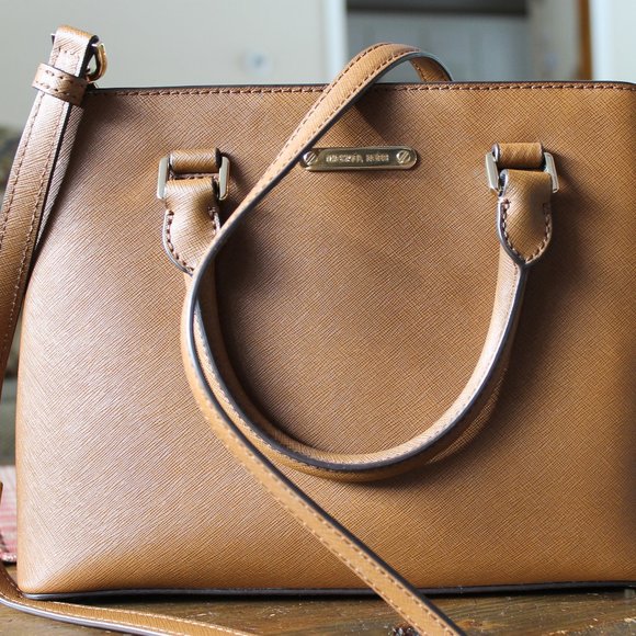 Michael Kors Outlet Brown Hatched Leather Satchel